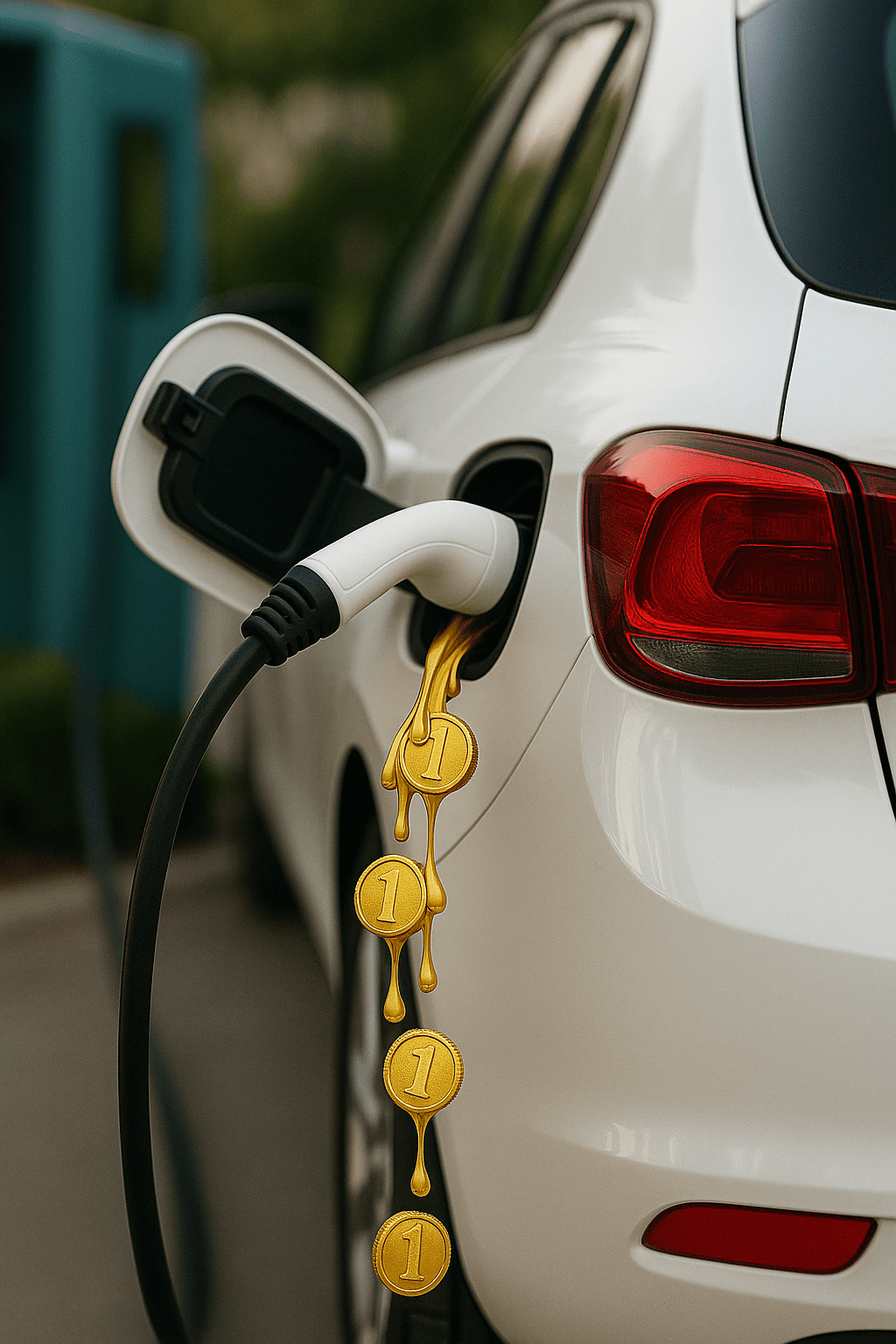 רכב חשמלי בטעינה כשמטבעות שקל נוזלים משקע הטעינה – המחשה ויזואלית למס הנסועה החדש על רכבים חשמליים בישראל