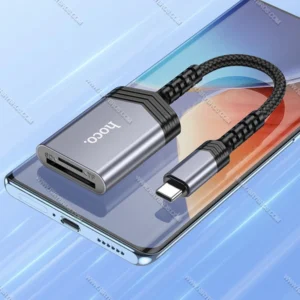 קורא כרטיסים Hoco UA25 עם חיבור USB-C בצבע אפור מטאלי